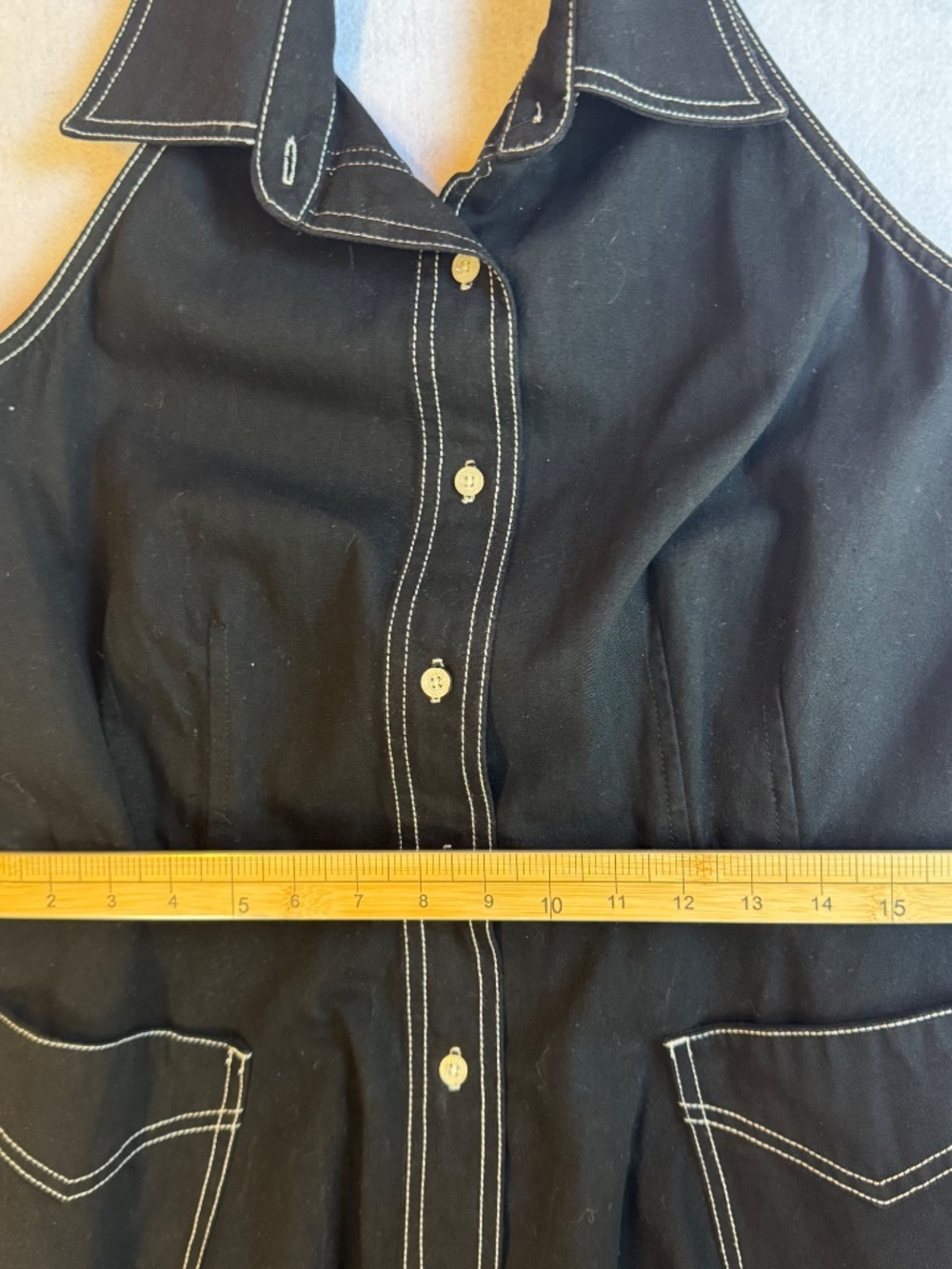 Vintage Ralph Lauren Black Denim Sleeveless Halter Midi Dress with Pockets Sz 16 - Picture 9 of 13